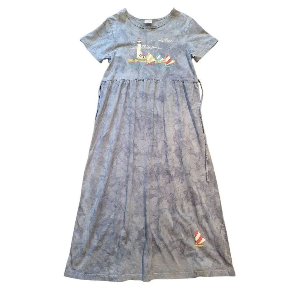 Vintage Cactus Bay T-Shirt Dress Women's Large Blue Tie Dye Lighthouse Sailboat